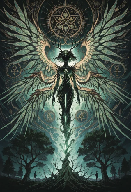 twisting , dissolving , abstract , abomination ,absurd , extreme theme ,extreme theme ,extra eyes, too many eyes, light source , illuminating , wings of eye , extra wings , Celtic symbol , green and lush , (triquetra symbol ,trinity :1.3) , tree antler ,
masterpiece, best quality ,amazing quality ,15546+456868, usnr ,