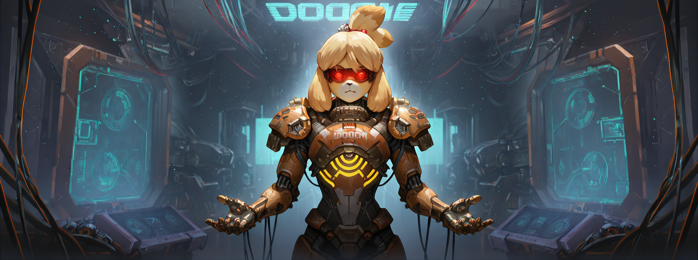ultra detailed, masterpiece, best quality, solo, 1female, furry, isabelle, doom slayer armor, multicolored, adult, prosthetic limb, neon glowing clothes, makeup, eye visor, neon glowing intricate details, volumetric lighting, pose, proud, futuristic, cyberpunk, indoors, moist, particles, machines, cables, technology, futuristic room, particles, darkness,  <lora:Steamed_Egg_Style_IL:1>