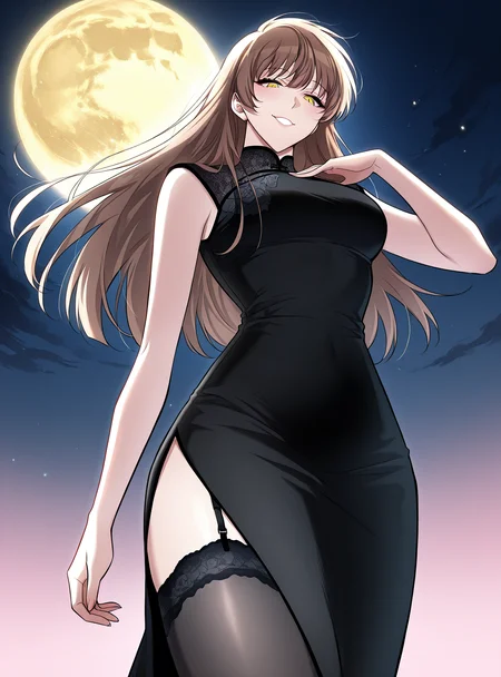 <lora:Omniscient_Readers_Viewpoint__Persephone:1>
1girl, solo, long hair, straight hair, brown hair, bangs, yellow eyes,
black dress, sleeveless dress, high slit dress, floral pattern, lace trim, garter belt, thigh high stockings,
score_9, score_8_up, score_7_up, very aesthetic, source_anime, detailed, high quality, beautiful, detailed eyes, masterpiece, best quality, absurdres, perfect anatomy, dynamic low-angle shot, looking down while smiling, wind blowing through hair, one hand near chest, flushed cheeks, dramatic lighting from behind, glowing rimlight, cinematic lens flare, soft pinkish background, ethereal atmosphere, anime style evil smile, night, golden moon