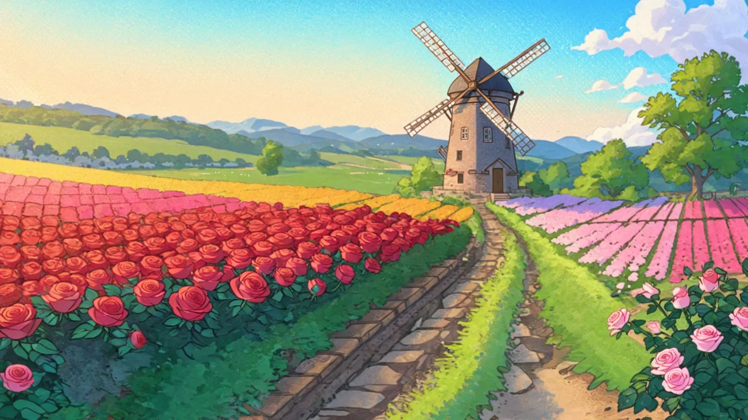 flower fields, netherland, windmill, roses, SteamSummerSales2024 <lora:SteamSummerSales2024:1>