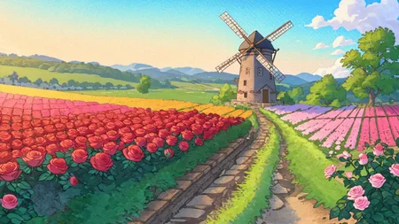 flower fields, netherland, windmill, roses, SteamSummerSales2024 <lora:SteamSummerSales2024:1>