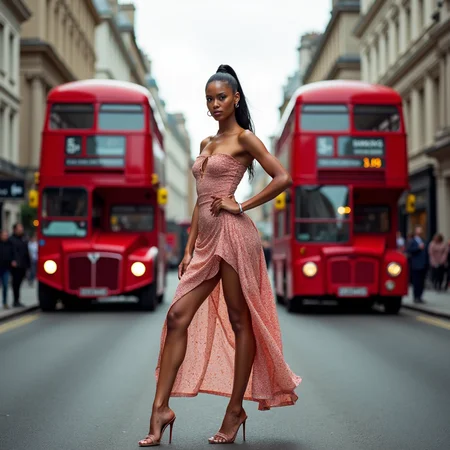 Full body perspective of a high-fashion model lalisa tisson wearing a summer dress and high heels, one hand on hips, fierce expression, standing on a London street and the iconic red double-decker buses in the background provide a vibrant, cinematic backdrop. High-resolution camera with Canon EOS R3 and RF 85mm f/1.2 lens captures