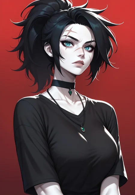 score_9, score_8_up, score_7_up, 1girl, solo, pale skin, black hair in a ponytail, (green|blue) eyes, black choker necklace, black shirt, scar over one eye, black and red gradient background