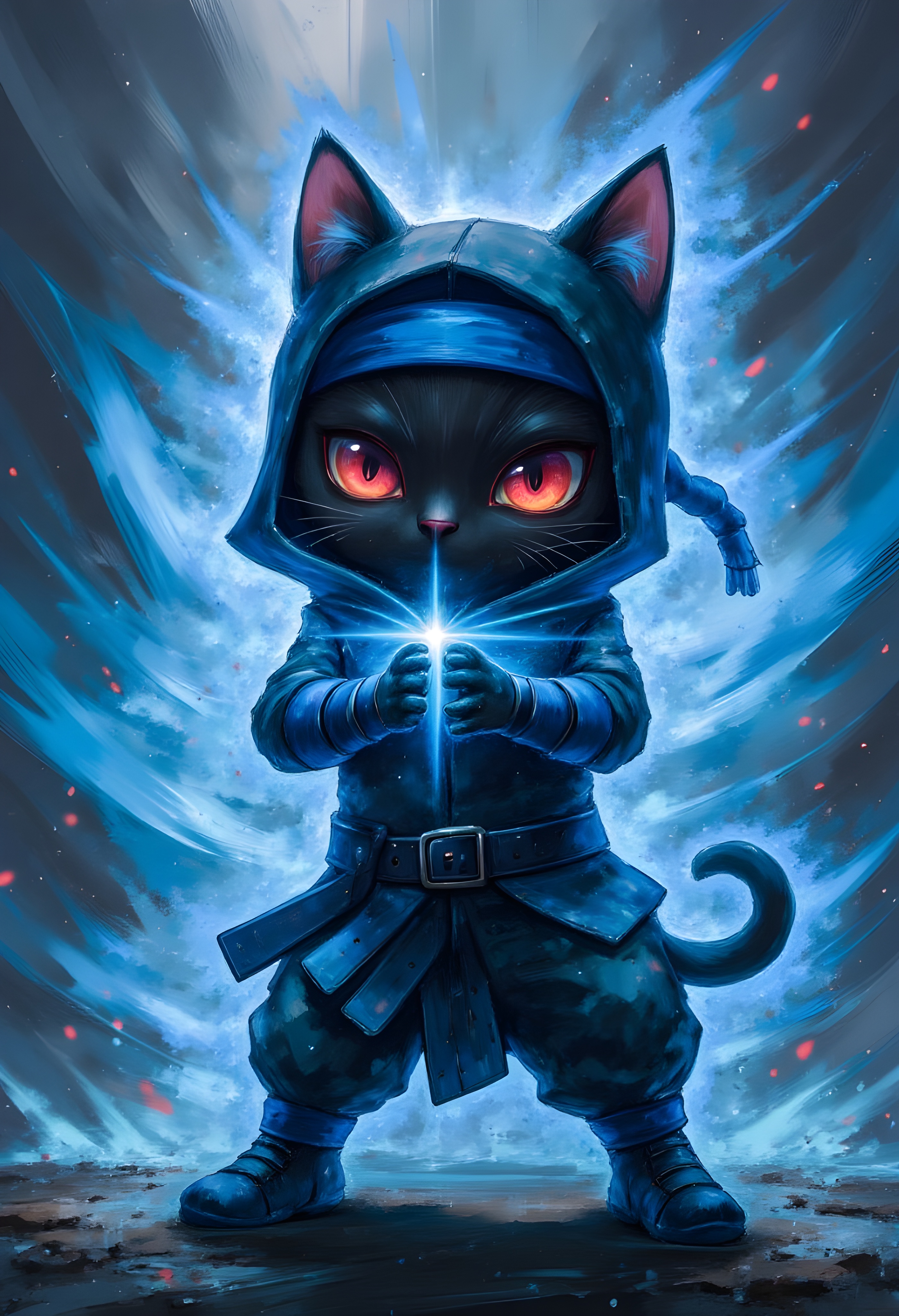 cinna flow, an anthropomorphic cute cat wearing [ninja outfit : Gray ninja jacket, gray ninja pants, blue scale gloves, blue headband, and traditional ninja shoes] , Sharingan, hands clasped emitting power blue light, fighting pose, chakra emanating, surrounded by a blue aura, exuding a powerful aura, hyper detailed, ultrawide, movie still