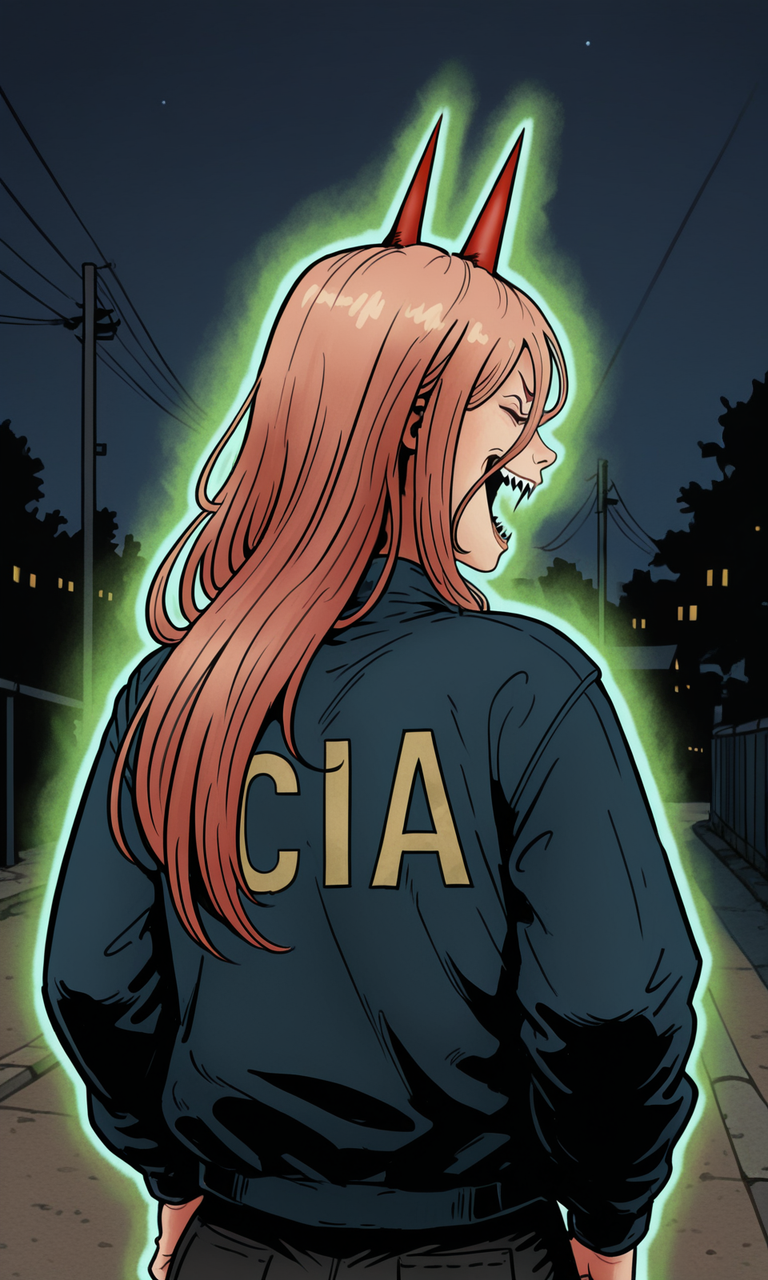 embedding:IllusP0s, f3rn4nd0, cia jacket, green aura, glowing, power_\(chainsaw man\), red horns, facing away, laughing, looking over shoulder, sharp teeth, 1girl, solo, outdoors, night,<lora:Style_soph-Fernando-ILXL.safetensors:1.0:1.0> <lora:cia_jacket_green_aura.safetensors:1:1>