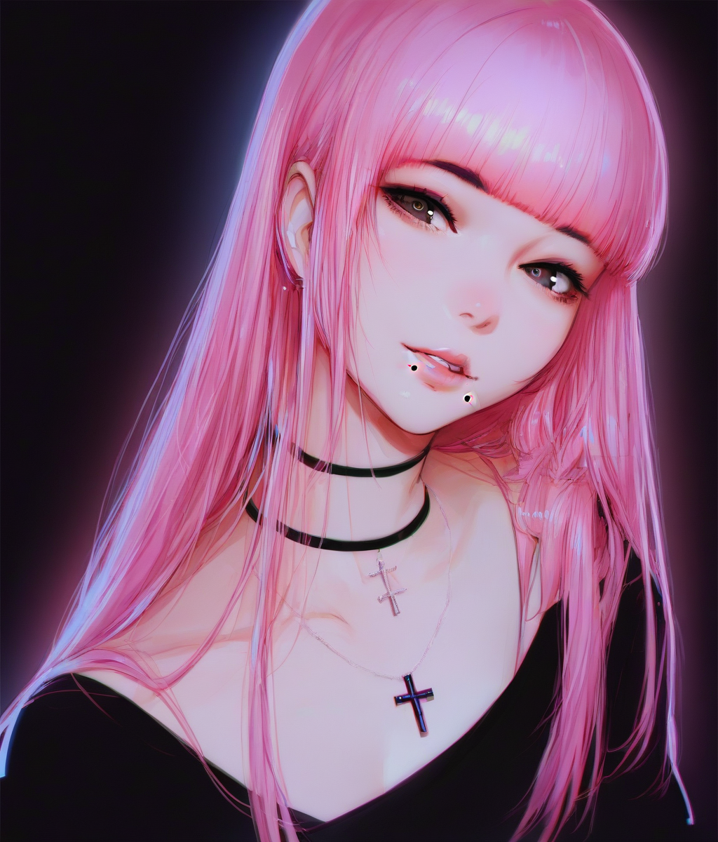 score_9, kuvshinov, 1girl, long hair, collarbone, jewelry, blunt bangs, looking at viewer, cross necklace, mole under mouth, black choker, parted lips, breasts, upper body, dress, pink hair, purple nails, nail polish, black background score_8_up. score_7_up, <lora:kuvshinov:1>, kuvshinov,