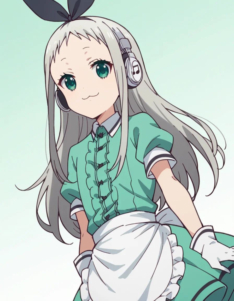 score_9, score_8_up, score_7_up, source_anime, <lora:hideri-kanzaki-s1-ponyxl-lora-nochekaiser:1>, hideri kanzaki, long hair, bow, green eyes, hair bow, grey hair, male focus, hairband, black hairband, otoko no ko, forehead,, gloves, dress, short sleeves, frills, puffy sleeves, white gloves, apron, puffy short sleeves, waist apron, white apron, frilled apron, waitress,, music store, browsing records, headphones, vinyl collection, nostalgic, smile, looking at viewer, hand on thigh, elbow bent, foot pointed, solo,, cowboy shot, dutch angle