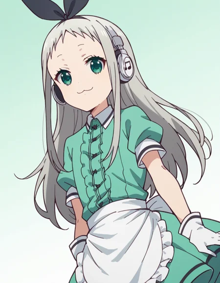 score_9, score_8_up, score_7_up, source_anime, <lora:hideri-kanzaki-s1-ponyxl-lora-nochekaiser:1>, hideri kanzaki, long hair, bow, green eyes, hair bow, grey hair, male focus, hairband, black hairband, otoko no ko, forehead,, gloves, dress, short sleeves, frills, puffy sleeves, white gloves, apron, puffy short sleeves, waist apron, white apron, frilled apron, waitress,, music store, browsing records, headphones, vinyl collection, nostalgic, smile, looking at viewer, hand on thigh, elbow bent, foot pointed, solo,, cowboy shot, dutch angle