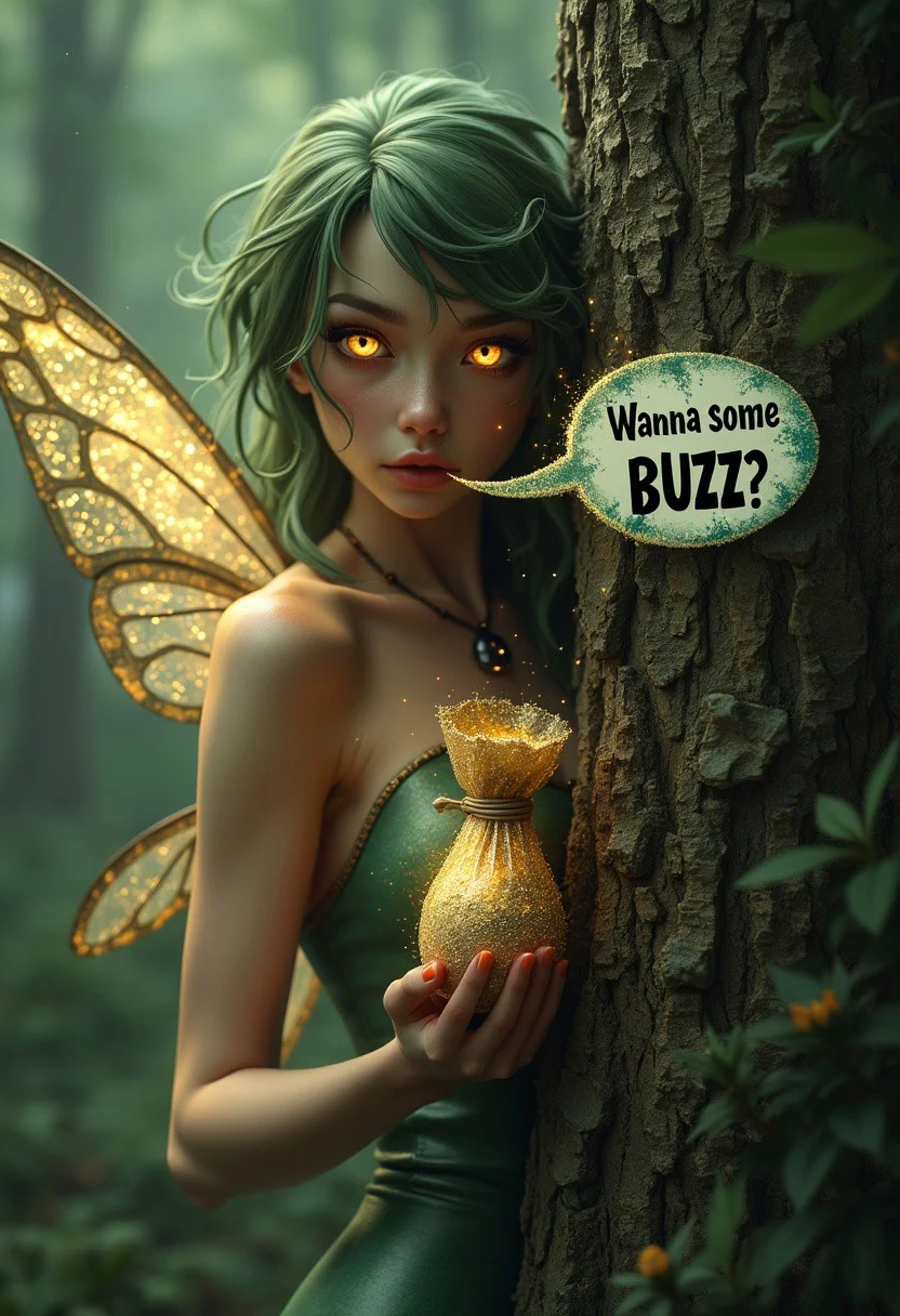 Hyper realistic style, sexy realistic fairy behind a tree holding a bag of shining dust, she looks like a drug dealer addicted when saying on a speech bubble: ‘Wanna trade some BUZZ?’ (high focus on deteriorating text). (High quality textures and colors), realistic eyes and face features. enchanted woods background, full body, full view, her eyes are glowing, open view, at distance,