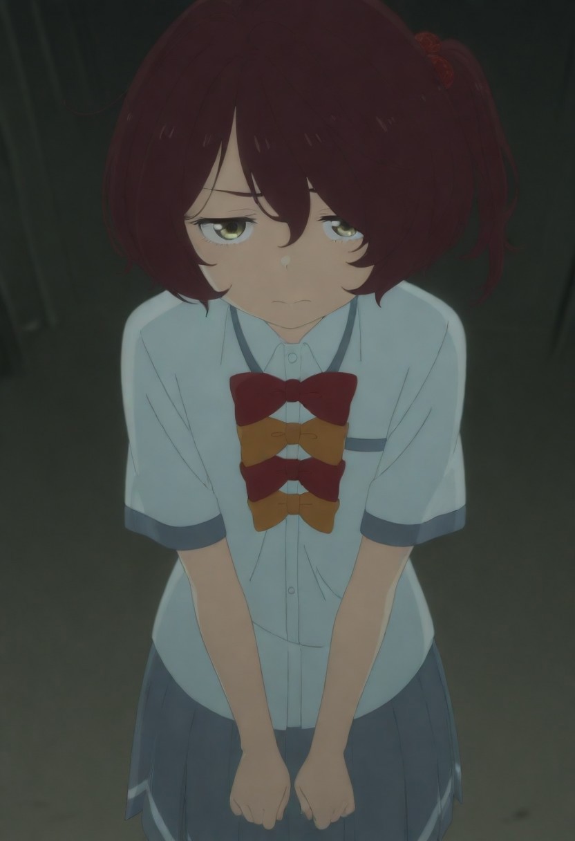 masterpiece, best quality, amazing quality,,, shiny skin,,,,,,anime coloring,anime screencap, ,, official art,,,,, <lora:Komari_Illustrious:0.9> komari_chika, yellow_eyes, brown_hair, short_hair, one_side_up,, school_uniform, white_shirt, collared_shirt, bow, pleated_skirt, grey_skirt, short_sleeves,