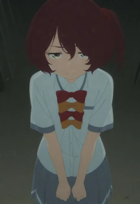 masterpiece, best quality, amazing quality,,, shiny skin,,,,,,anime coloring,anime screencap, ,, official art,,,,, <lora:Komari_Illustrious:0.9> komari_chika, yellow_eyes, brown_hair, short_hair, one_side_up,, school_uniform, white_shirt, collared_shirt, bow, pleated_skirt, grey_skirt, short_sleeves,