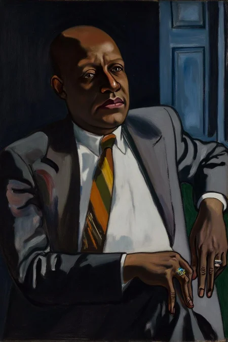 aliceneel1 painting.
A bald African American man in a contemplative pose is depicted sitting in a dark, shadowy background. He is dressed in a light gray suit jacket, white dress shirt, and a diagonally striped tie in shades of orange, yellow, and white.
 <lora:aliceneel1_cap_d6a3e12:1.0><lora:842438168738525819:0>
