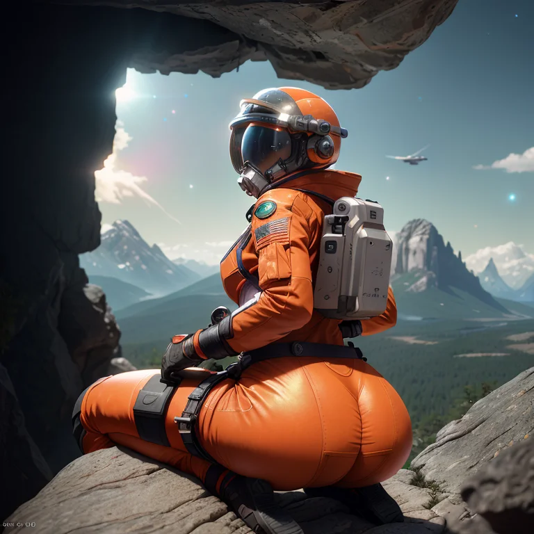 Highly detailed RAW color Photo, Rear Angle, Full Body, of (female space soldier, wearing orange and white space suit, helmet, tined face shield, rebreather, accentuated booty), outdoors, (leaning over rocky ledge, looking out at advanced alien structure), toned body, big butt, (sci-fi), (mountains:1.1), (lush green vegetation), (two moons in sky:0.8), (highly detailed, hyperdetailed, intricate), (lens flare:0.7), (bloom:0.7), particle effects, raytracing, cinematic lighting, shallow depth of field, photographed on a Sony a9 II, 50mm wide angle lens, sharp focus, cinematic film still from Gravity 2013