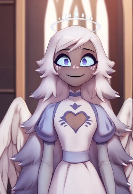 <lora:hazbin_hotel_ponyxl_v2-000025:0.9>, emily, solo, 1girl, standing, angel wings, smile, heart cutout, closed mouth,
BREAK
score_9, score_8_up, score_7_up, score_6_up, <lora:PersonalAmi_PonyXL_resize:1>