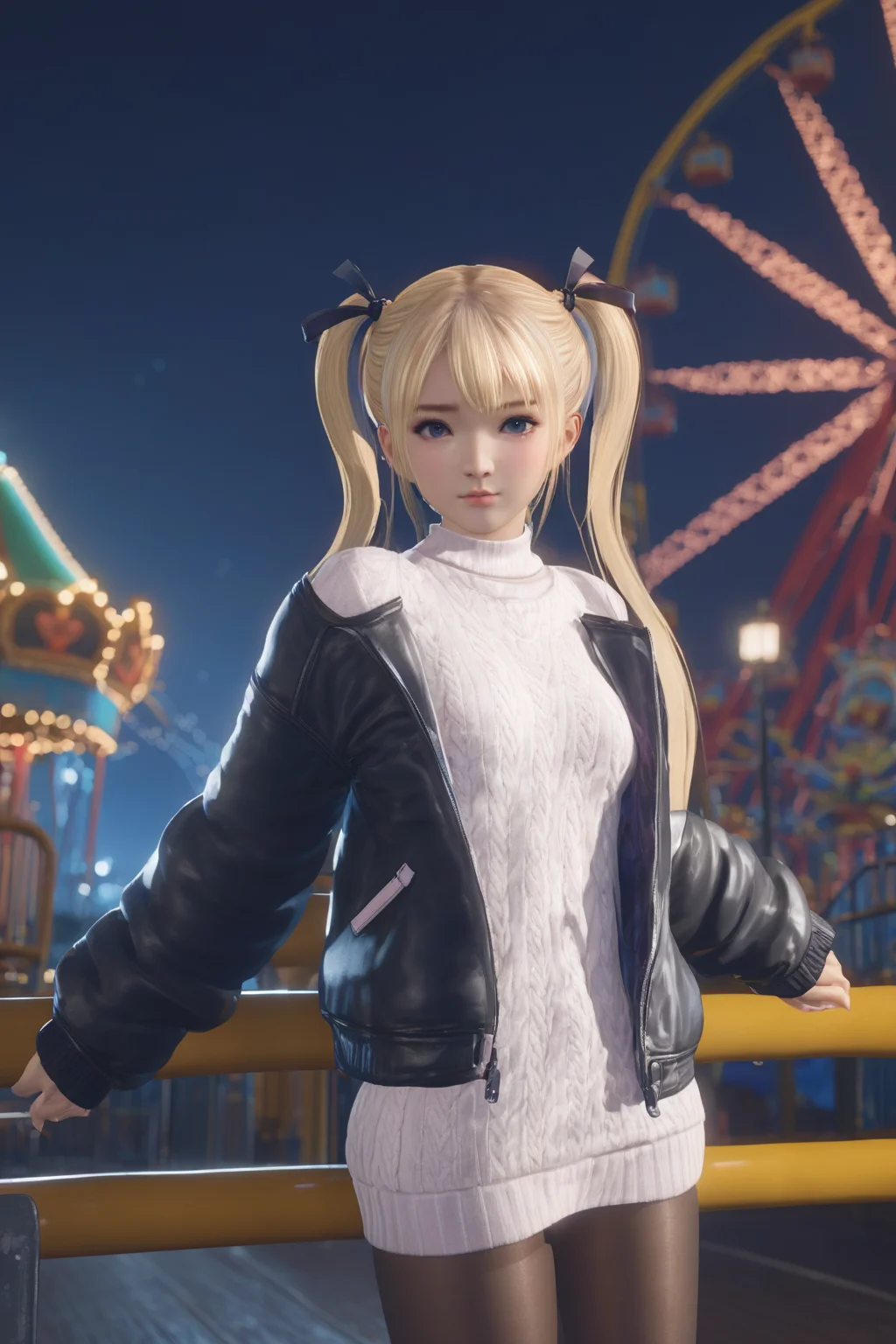 masterpiece, best quality, 1girl, shirt,  blonde hair, twintails,sweater, pantyhose, jacket,  dof, cinematic lighting, wind lift, amusement park, at night, dynamic pose, looking at viewer,  <lora:marie_rose1-000008:0.7>