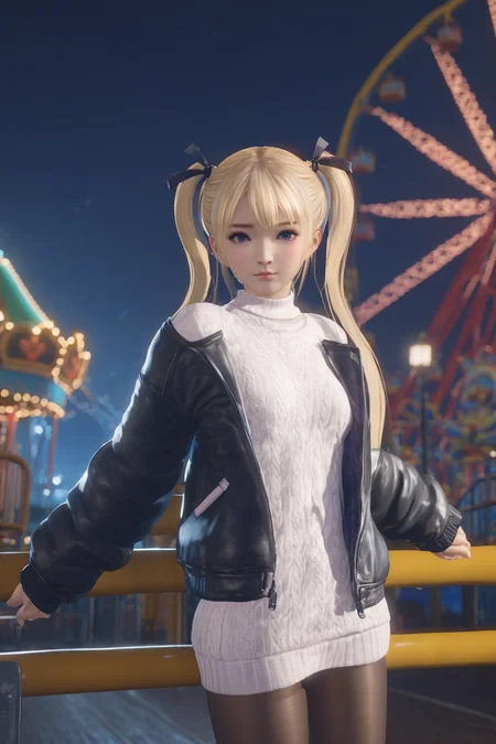 masterpiece, best quality, 1girl, shirt,  blonde hair, twintails,sweater, pantyhose, jacket,  dof, cinematic lighting, wind lift, amusement park, at night, dynamic pose, looking at viewer,  <lora:marie_rose1-000008:0.7>