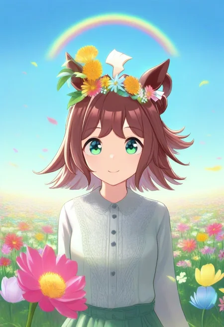 (umamusume, rhein_kraft_(umamusume), horse_ears, horse_girl, tail, 1girl, ahoge, animal_ears,)
casual, field, flower, flower_field, green_eyes, hair_between_eyes, hair_ornament,
head_wreath, looking_at_viewer, solo, aesthetic, absurdres, symmetric ,spiralling vortex made of multicoloured tulips, lush foliage sunrise, ripples, reflective, jaynl-tm, rainbow, , g0ldsw0rthy,
(realistic, photo, artistic, medium_hair, one_eye_closed, petals, relaxing, smile, : 0.7)