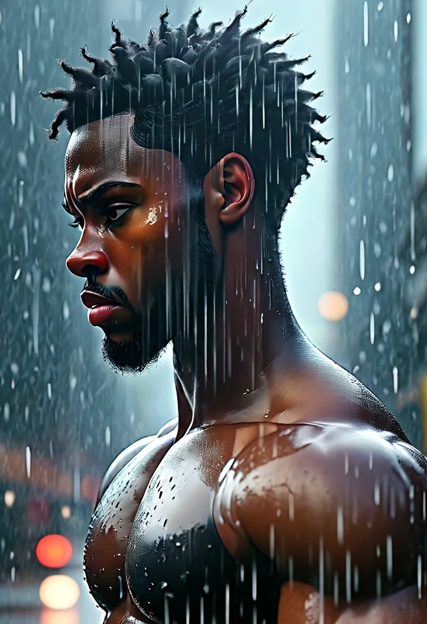 Jed-dblexpsre effect, double exposure, merged, portrait of black male, stunning, muscular, rain, sweat, merging with a gym scene with weights, glitch art photo, novuschroma79 style