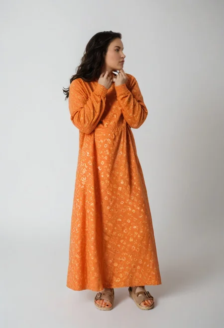 1girl, solo, simple_background, white_background, birksonfeet, toenail_polish, full_height, patterned, long_dress, long_black_hair, looking_away, pretty_face, long_sleeves, orange_black_white, posing, fashion