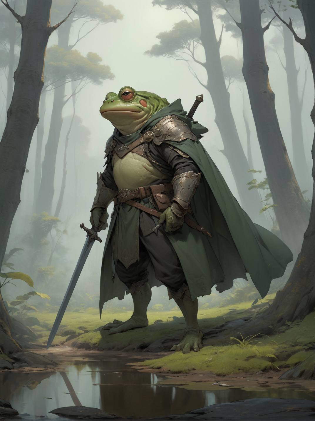 Anime style, ultra detailed, masterpiece, a forest field of battle, an anthropomorphic frog swordsman preparing to leap, wearing a cloak and scabbard <lora:add-detail-xl:1> <lora:M_niji_XL:0.6>