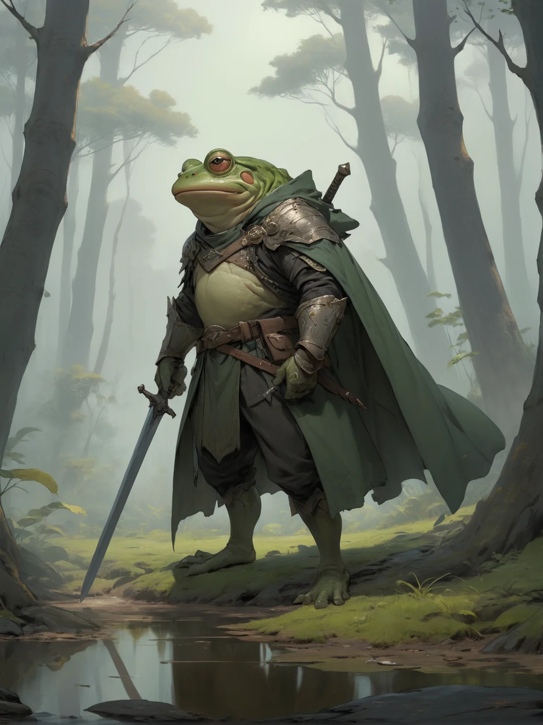 Anime style, ultra detailed, masterpiece, a forest field of battle, an anthropomorphic frog swordsman preparing to leap, wearing a cloak and scabbard <lora:add-detail-xl:1> <lora:M_niji_XL:0.6>