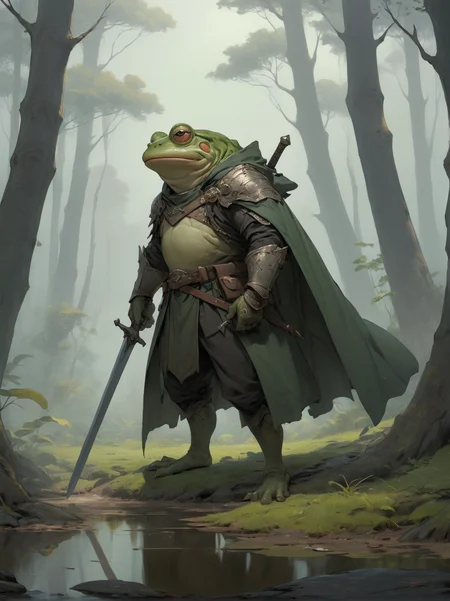 Anime style, ultra detailed, masterpiece, a forest field of battle, an anthropomorphic frog swordsman preparing to leap, wearing a cloak and scabbard <lora:add-detail-xl:1> <lora:M_niji_XL:0.6>