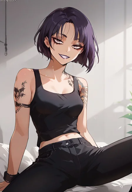 score_9, score_8_up, score_7_up, Expressiveh, source_anime, masterpiece, score_9, score_8_up, score_7_up 1girl, solo, mayabl2, tattoo, makeup, lipstick, half closed eyes, looking at the viewer, (cowboy shot:1.3), (asian, japanese idol:1.3), very short hair, yakuza tattoo, irezumi, (black undersized tank top:1.3), (black oversized pants:1.3), visible ombligo, thin waist,perfect eyes, symetric eyes, half closed eyes, dark bags under eyes, bags under eyes, slim, slender, ripped body, symetric eyes, looking at the viewer, (very short hair:1.3), morena, sitting, spread legs, evil smile, pretty face, perfect face, (black skin:1.4)