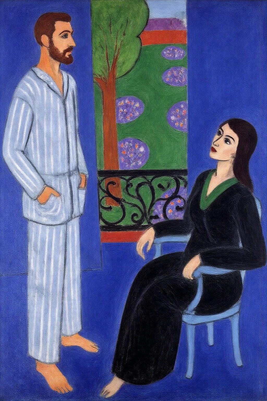 henrimatisse1 painting. 
A scene with a couple in a room facing each other. On the left, a bearded man, shown in side profile, is wearing a striped pyjamas, standing with his hands in his pockets. On the right, a woman with long straight hair, is seated on a chair, dressed in a long black robe with a green collar. The room has a deep blue background, and the woman is positioned near a window with an ornate black iron railing. Through the window, a garden with green trees and purple flowers is visible. <lora:henrimatisse1_f16e11:1.0><lora:870727465813721079:0>