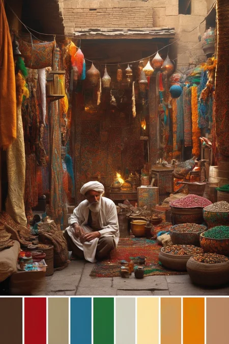 <lora:Cinema Color Palette:1>Color Palette - A bustling bazaar in ancient Persia. Merchants hawk exotic goods, and a snake charmer plays a mesmerizing tune amidst the tapestry of colors.