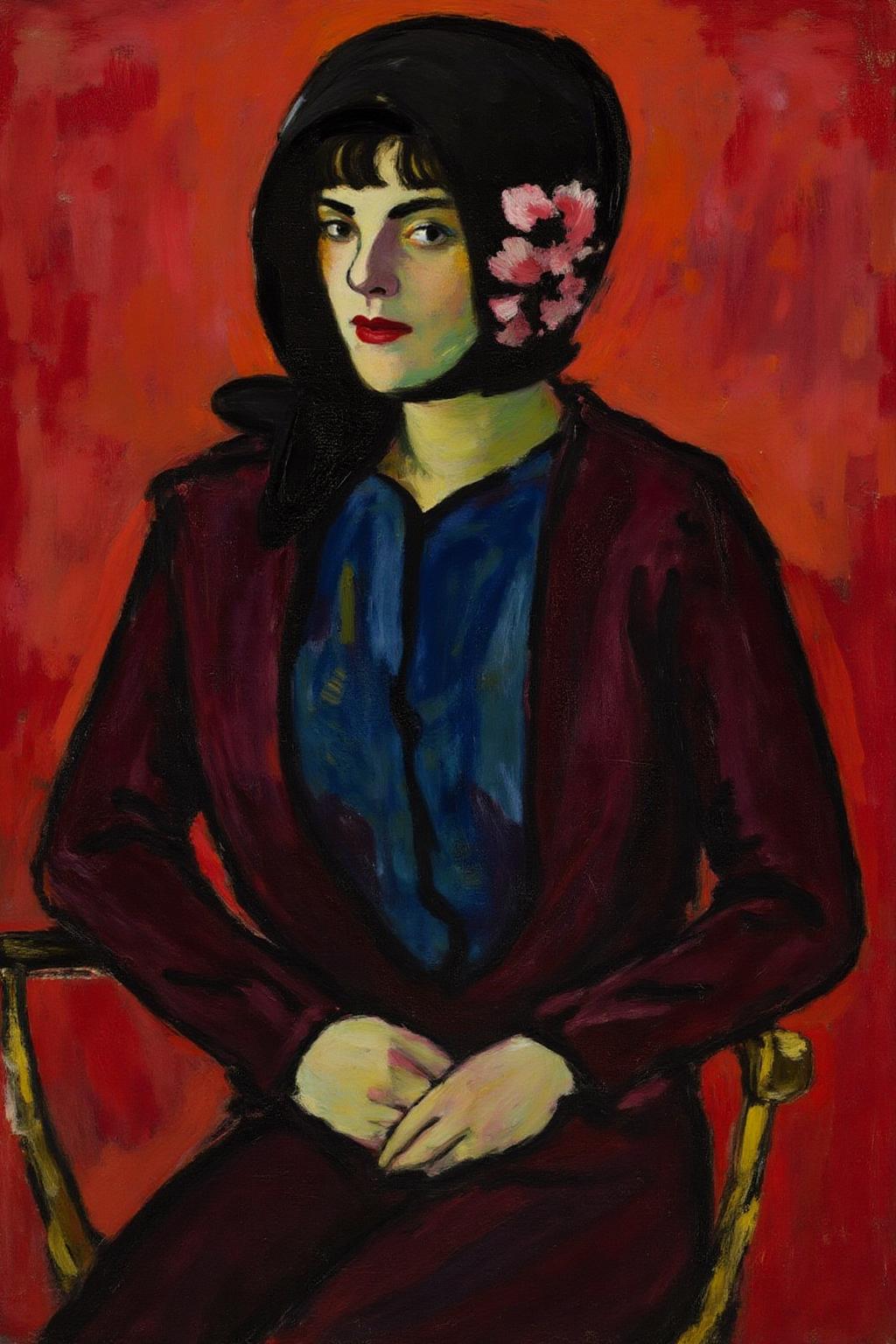 henrylymansayen1 painting.
A woman seated, wearing a dark outfit with a black headscarf adorned with pink flowers. Her hands are clasped together in front, and she is seated on a chair with a golden frame. The background is red with abstract brushstrokes. <lora:henrylymansayen1_cap_d6a3:1.0><lora:861458229530481029:0>