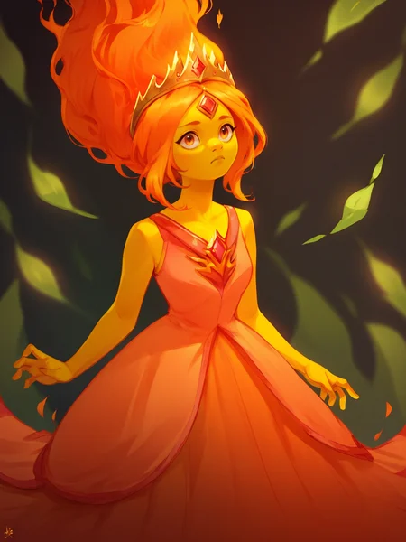 score_9, score_8_up, score_7_up, score_6_up, score_5_up, <lora:fl4m3PXLP:1> fl4m3p, 1girl, solo, fiery hair, forehead jewel, yellow skin, orange hair, dress, crown