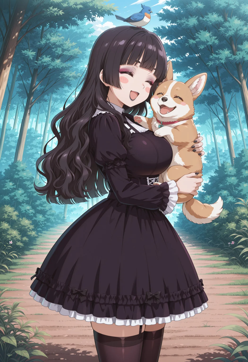 1girl, solo, black hair, long hair, wavy hair, hair down, bangs, hime cut, blush stickers, large breasts, masterpiece, best quality, absurdres, cute, kawaii,
gothic clothing, gothic dress, black stockings,
outdoors, nature,
eyeshadow, black lipstick, black fingernails,
standing, holding dog, holding animal, hug, (cheek press:0.5), welsh corgi, bird on head, happy smile, closed eyes, very happy,
intricate, highly detailed, majestic