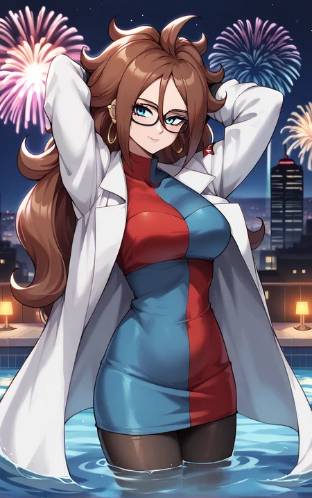 score_9, score_8_up, score_7_up, BREAK
HumanForm_Labcoat_Android21_ownwaifu, android 21,
1girl, big hair, blue eyes, brown hair, curly hair, glasses, hoop earrings, jewelry, long hair, spiked hair, hair between eyes, medium breasts, nail polish, black nails, black-framed eyewear, messy hair,
lab coat, white coat, long sleeves, checkered dress, black pantyhose, short dress, blue dress, red dress, turtleneck dress, impossible clothes, taut clothes, collarbone,
(contrapposto, arms behind head, aerial fireworks), wading, neon_lights, cityscape, night, pool, full moon, outdoors, <lora:PONYXL_Android21_DragonBall_ownwaifu:0.9> , depth of field, solo,