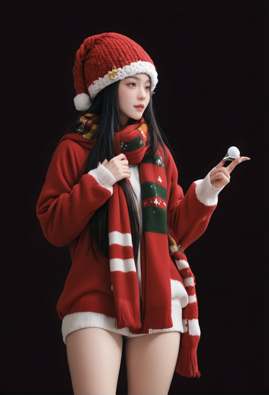 1girl,black background,,ruanyi1386,beanie,multicolored clothes,red scarf,christmas,standing,thigh gap,<lora:1386 christmas_v1_pony:1>, score_9,score_8_up,score_7_up,,8k,solo,,