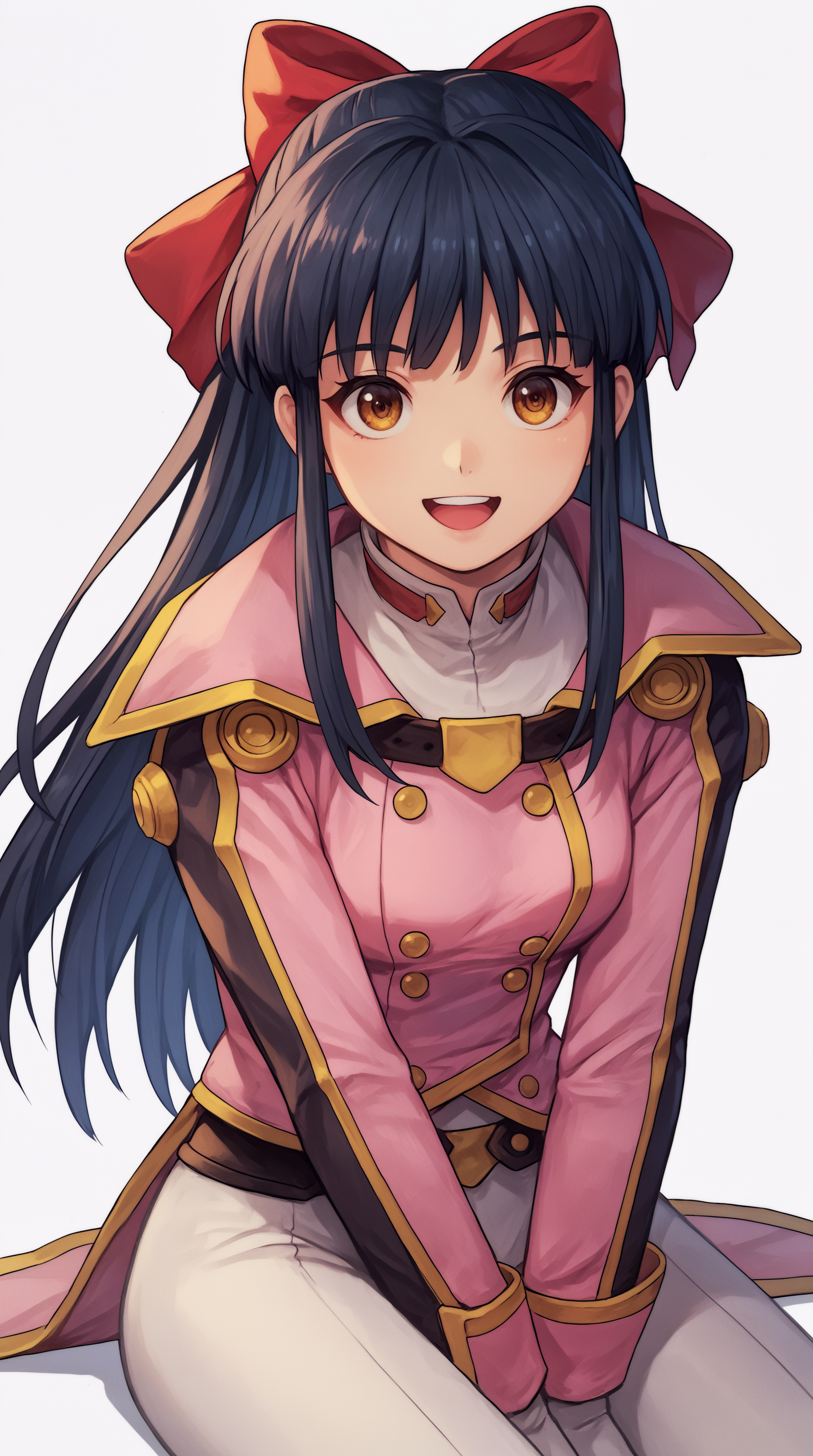 score_9, score_8_up, score_7_up, best background, detailed background, 4k, upscale, anime_source  Sakura Shinguji, Battle Costume, solo, looking at viewer, smile, open mouth, simple background, white background, sitting, :d, wariza  <lora:JN_Sakura_Shinguji_Pony:0.8>