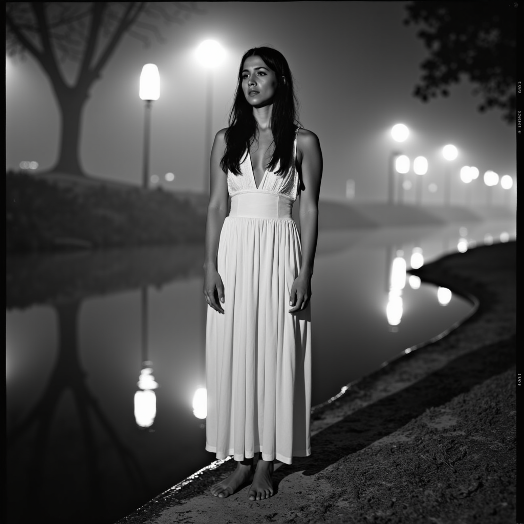 <lora:Mexican Noir Style-flux:1> mxnoirsty, black and white, dark,  La Llorona by the River (Shot on Ilford HP5 Film, Misty Backlight for a Ghostly Effect)
A pale woman in a flowing white dress stands by the edge of a moonlit river, her long black hair cascading over her shoulders. Her sorrowful eyes scan the water, as if searching for somethingâor someoneâlong lost. The mist drifts in slow waves, illuminated by the faint glow of lanterns hanging from the trees. Captured with an antique Leica III, the filmâs natural grain adds an ethereal, ghostly texture, making her appear as if she has stepped out of a legend whispered through generations.