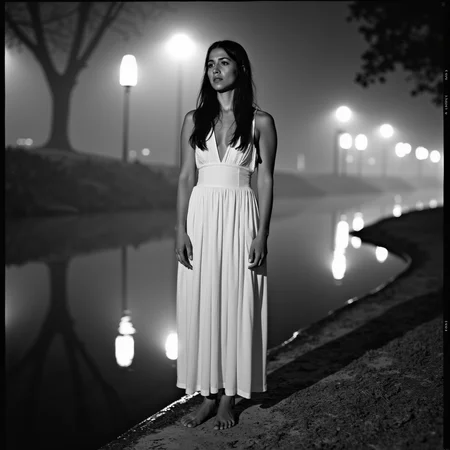 <lora:Mexican Noir Style-flux:1> mxnoirsty, black and white, dark,  La Llorona by the River (Shot on Ilford HP5 Film, Misty Backlight for a Ghostly Effect)
A pale woman in a flowing white dress stands by the edge of a moonlit river, her long black hair cascading over her shoulders. Her sorrowful eyes scan the water, as if searching for somethingâor someoneâlong lost. The mist drifts in slow waves, illuminated by the faint glow of lanterns hanging from the trees. Captured with an antique Leica III, the filmâs natural grain adds an ethereal, ghostly texture, making her appear as if she has stepped out of a legend whispered through generations.