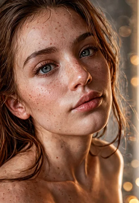 score_9, score_8_up, score_7_up, masterpiece, high quality, realistic, raw lighting, detailed face, detailed eyes, (warm colors, bokeh, Natural skin), [[Freckles]] BREAK  young adult woman, beautiful face, [saggy breasts], (ass focus), (naked), (close up) [high angle], (from side:1.1), ((full lips))
(looking at viewer).
((raw lighting, overexposed, harsh flash, strong shadows, hard shadows, dim background)))
