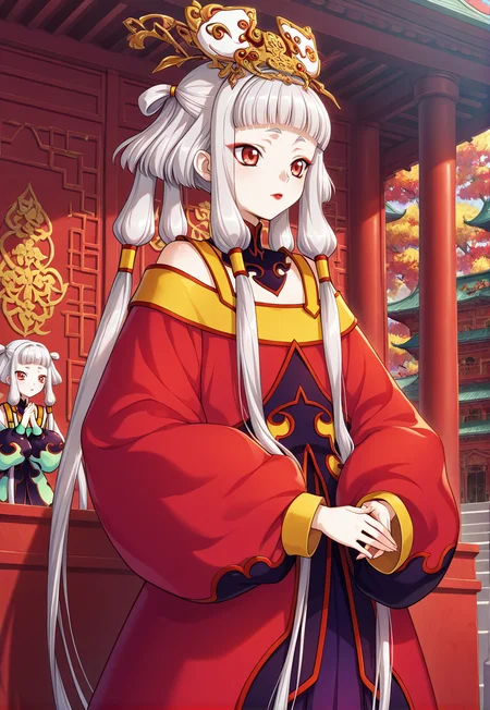 <lora:Tianzi_IllustXL:1>, tianzi, 1girl, long hair, red eyes, white hair, albino, twintails, grey hair, quad tails, very long hair, bangs, hair rings, sidelocks, Chinese kimono, red kimono, golden accents, hair ornaments, makeup, lipstick, Chinese temple background, hands folded together