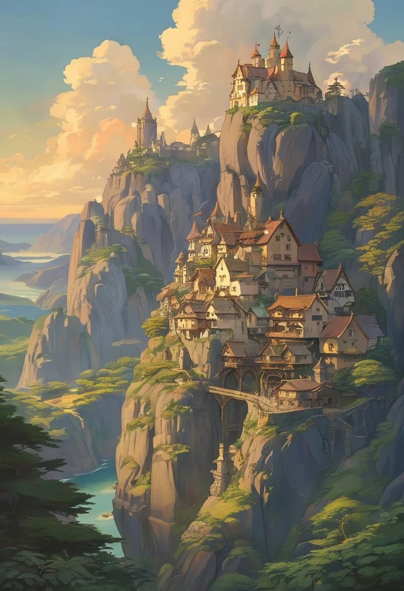 (studio ghibli drawing), (studio ghibli painting),best quality, masterpiece, extremely detailed, professional art, professional painting, an extremely delicate and beautiful, dynamic, great lighting, perfect shading, professional shading, depth of field, side soft light, elegant, gorgeous, highly detailed, full shot, uncropped, pure genious, absolutely perfect, highly detailed, breathtaking, a giant and sheer cliff face with a town built into it, lots of different dwellings, fantasy, sunset