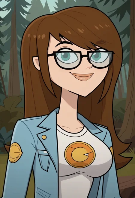 ((Forest background)),score_9, score_8_up, score_7_up,score_6_up, 
1girl, Solo, Ally_DC, light skin, sea green eyes, brown hair, glasses with black frames, long straight hair, bangs, white t-shirt with Pac-Man logo, light blue jacket, black leggings, black-white sneakers, big eyes, tall stature, social smile, perfect eyes, perfect smile, looking at the viewer, big breasts, detailed eyes, perfect eyes, cute, standing, (front pose, bust shot, close up to face, face portrait:1)