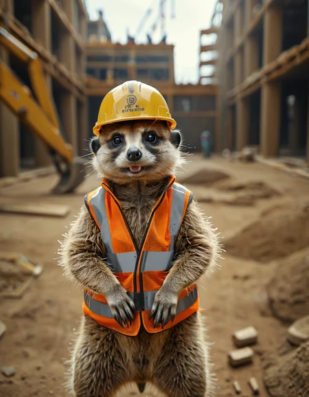 cinematic still meerkat, working on construction site, safety helmet, safety vest . emotional, harmonious, vignette, 4k epic detailed, shot on kodak, 35mm photo, sharp focus, high budget, cinemascope, moody, epic, gorgeous, film grain, grainy, meerkat, working on construction site, safety helmet, safety vest, full background, inspired, new, shiny, colorful, intricate, elegant, epic, vibrant colors, highly detailed, dramatic, polished, complex, artistic, sharp focus, professional atmosphere, determined, amazing, generous, emotional, pretty, transparent, cute, illuminated, extremely, fine detail, clear