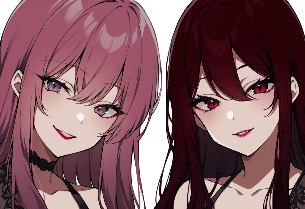 anime, two girls, adult, close up, lipstick, pink lipstick, red lipstick, eye shadow, nail polish, lip gloss, long hair, sexy smile