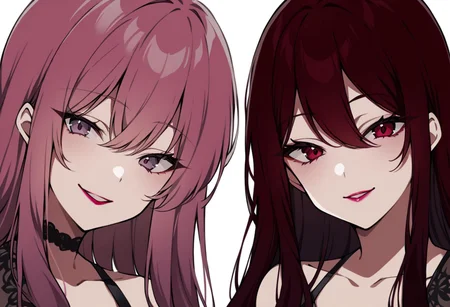 anime, two girls, adult, close up, lipstick, pink lipstick, red lipstick, eye shadow, nail polish, lip gloss, long hair, sexy smile