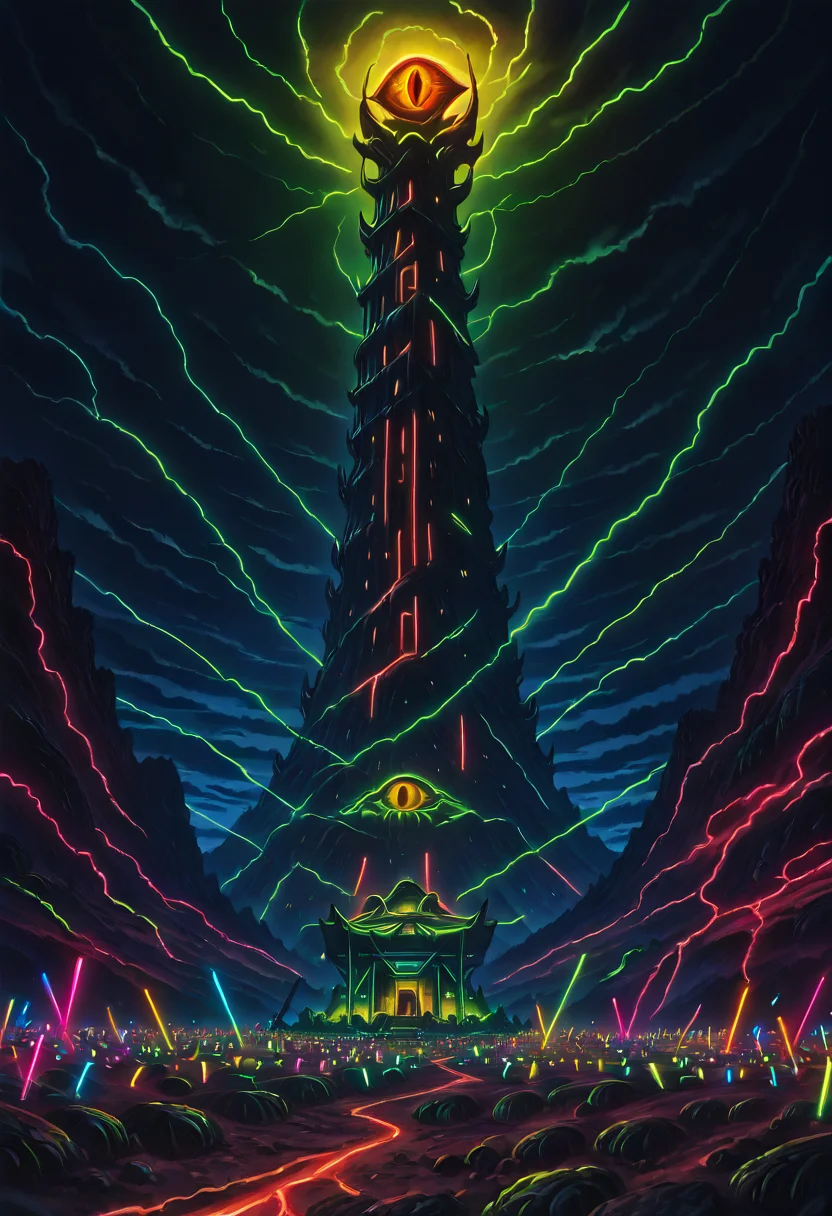 masterpiece, best quality, L0rd0fTh3R4v3s, b1g3y3, 1girl, cloud, glowing, building, scenery, green theme, ,<lora:SauronsRaveTower_IXL_v1:1.0>,