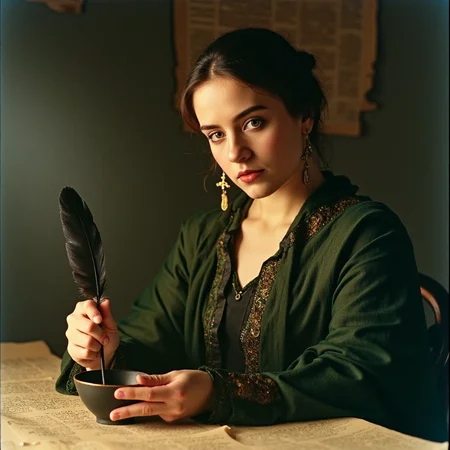 analog film photo Ultra quality, ultra detailed colors and textures, ultra realistic, ultra lighting, cinematic, ethereal atmosphere, ethereal woman, analog photography, analog photo <lora:mysticgoddessv2.10:0.9> mgdssv2, intimate half-body analog portrait of a woman seated in front of a parchment-strewn table, dressed in a layered forest-green tunic with gold trim, holding a black crowâs feather above an ink bowl, face lit from one side by warm morning light, her expression focused yet serene, subtle charms hang from her ears and collar, shot on Nikon FM2 with Kodak Gold 200, warm color palette and fine detail, a moment of sacred creativity, RAW candid cinema, 16mm, color graded portra 400 film, remarkable color, ultra realistic, textured skin, remarkable detailed pupils, realistic dull skin noise, visible skin detail, skin fuzz, dry skin, shot with cinematic camera . faded film, desaturated, 35mm photo, grainy, vignette, vintage, Kodachrome, Lomography, stained, highly detailed, found footage