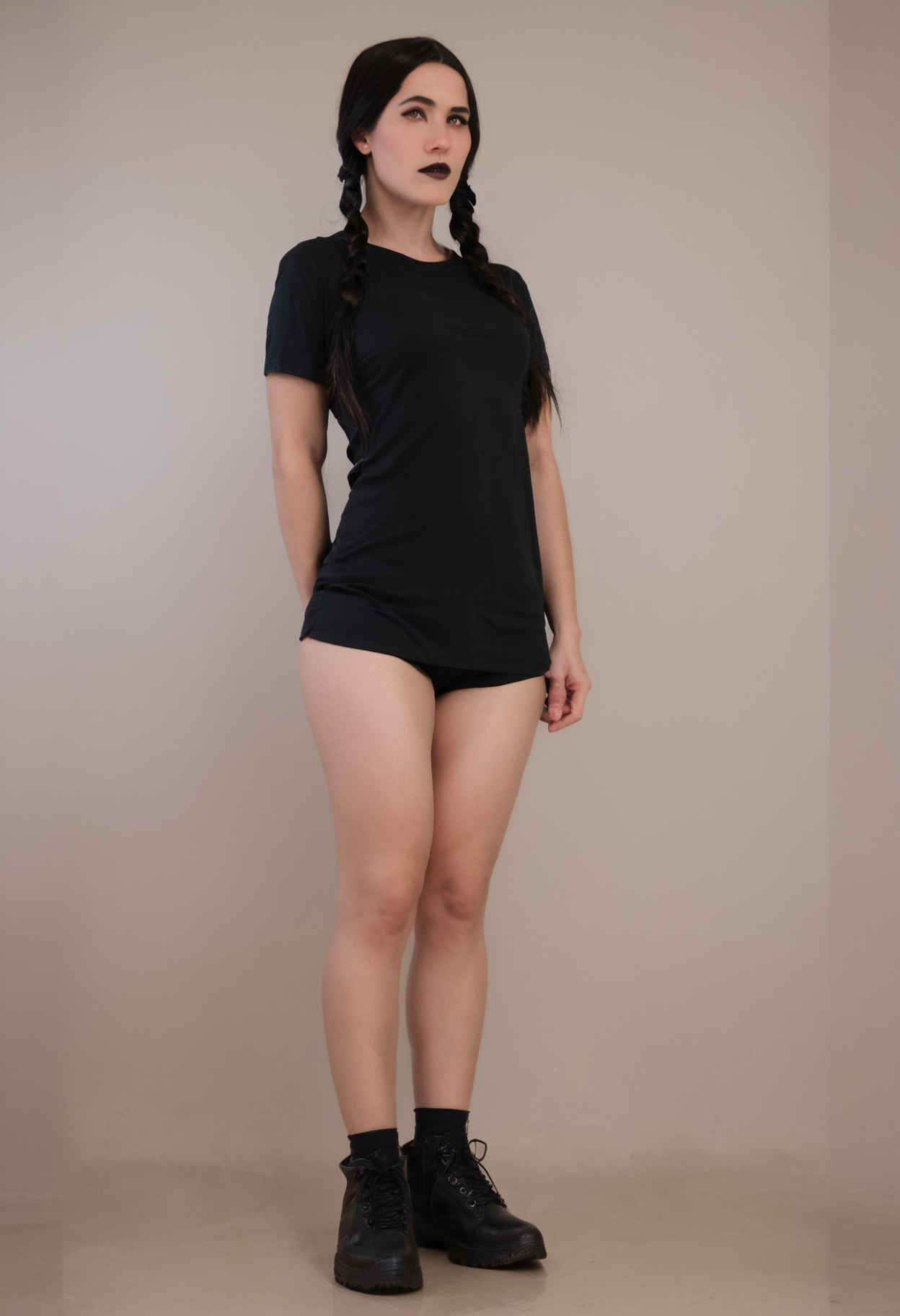 (score_9, score_8_up:1.1), score_7_up, realistic photograph, WednesAddams, 1girl, solo, shirt, full body, <lora:Wednesday_Addams_XL_PONY:1>