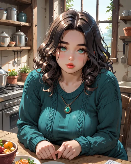PonyScores7, source_anime, ah1, <lora:natsumi_style:0.5>, <lora:by_usakun-pony:0.4> by usakun, <lora:Akina_Bbw_Style_-_PonyXL:0.2> AkinBw
BREAK 1girl, (curly hair), long hair, (black hair:1.3), mature female, (parted hair:1.7), (round face:1.2), (thick eyebrows), (curvy), round-chin, (greenish hazel eyes), caucasian, (downturned eyes:1.2), (plump face), messy hair, <lora:Round_face:0.1>, <lora:ETO_OCPonyXL:0.5> eto_oc, skindentation, (plump), thick thighs, wide hips, busty, voluptuous, kinky curls, lips, <lora:venus body PonyXL:0.4>, (Nauseated), (Sitting on a sinister, abandoned throne, shrouded in darkness), (Kitchen, Modern area with stainless steel appliances, granite countertops, a large wooden dining table surrounded by chairs, hanging pendant lights, pots and pans hanging from a rack), looking at viewer, (Dark turquoise long sweater and slacks)
BREAK <lora:xl_more_art-full_v1:0.2>, <lora:shinyskin2:0.2> glistening skin, <lora:aesthetic_anime_v1s:0.2>, <lora:Expressive_H:0.2> Expressiveh, <lora:hairdetailpxl:0.2> hairdetailpxl, <lora:EpicF4nta5yXL:0.2>, <lora:detailxl:0.2> detailxl, <lora:Fant5yP0ny:0.2>, best quality, amazing quality, best aesthetic, absurdres, <lora:expressive eyes:0.2> expressive eyes, <lora:eyedetailpxl:0.2> eyedetailpxl, illustration, Volumetric_Lighting, ultra-detailed, very aesthetic, intricate details, 8k, masterpiece, best_quality
BREAK (Crash Zoom)
BREAK <lora:Eyes_High_Definition:0.3> EyesHD, Stable_Yogis_PDXL_Positives, AS-Adult, <lora:Complicated fantasy portrait - XL Pony V2.0:0.4>, bad-hands-5