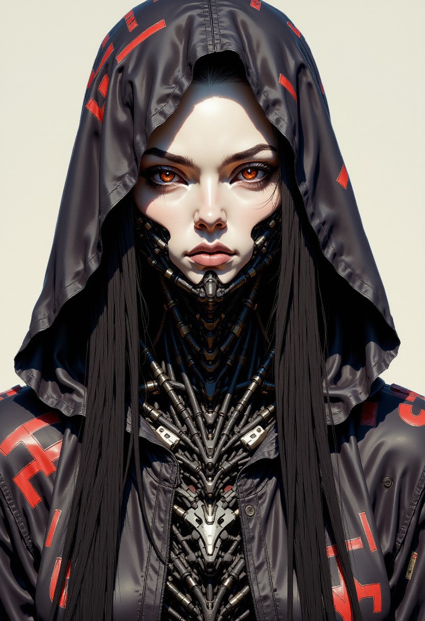 Image is a digital artwork featuring a futuristic, cybernetic character with a striking design. The subject is a humanoid figure with pale skin and intricate mechanical components integrated into their face and neck. The character's eyes are glowing red, adding an intense and otherworldly appearance. They wear a dark hooded garment adorned with red and white cyberpunk-style symbols and text, which are stylized in a bold, angular font. The text is scattered across the hood and shoulder area, contributing to the high-tech aesthetic. The character's expression is neutral, and their long, dark hair flows out from under the hood. The overall color scheme is dominated by black, red, and white, creating a stark contrast that emphasizes the futuristic and robotic elements of the design.