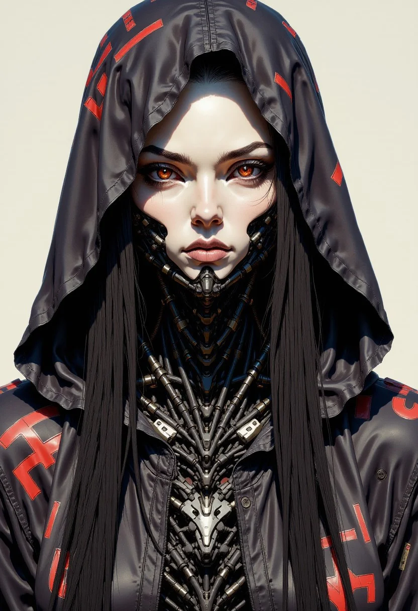 Image is a digital artwork featuring a futuristic, cybernetic character with a striking design. The subject is a humanoid figure with pale skin and intricate mechanical components integrated into their face and neck. The character's eyes are glowing red, adding an intense and otherworldly appearance. They wear a dark hooded garment adorned with red and white cyberpunk-style symbols and text, which are stylized in a bold, angular font. The text is scattered across the hood and shoulder area, contributing to the high-tech aesthetic. The character's expression is neutral, and their long, dark hair flows out from under the hood. The overall color scheme is dominated by black, red, and white, creating a stark contrast that emphasizes the futuristic and robotic elements of the design.